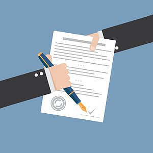Vector agreement icon - hand signing contract on white paper