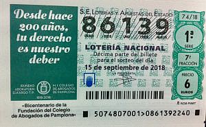 Disponible en las administraciones de lotería el billete conmemorativo del 200 aniversario del Colegio de Abogados de Pamplona