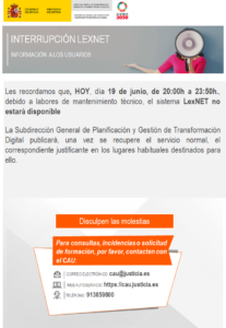 Suspensión de LexNET hoy 19 de junio de 20:00 a 23:50 horas