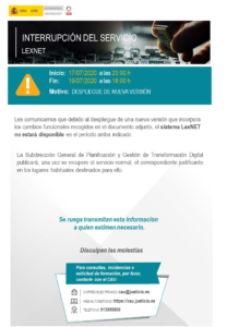 Suspensión de Lexnet del 17 al 19 de julio