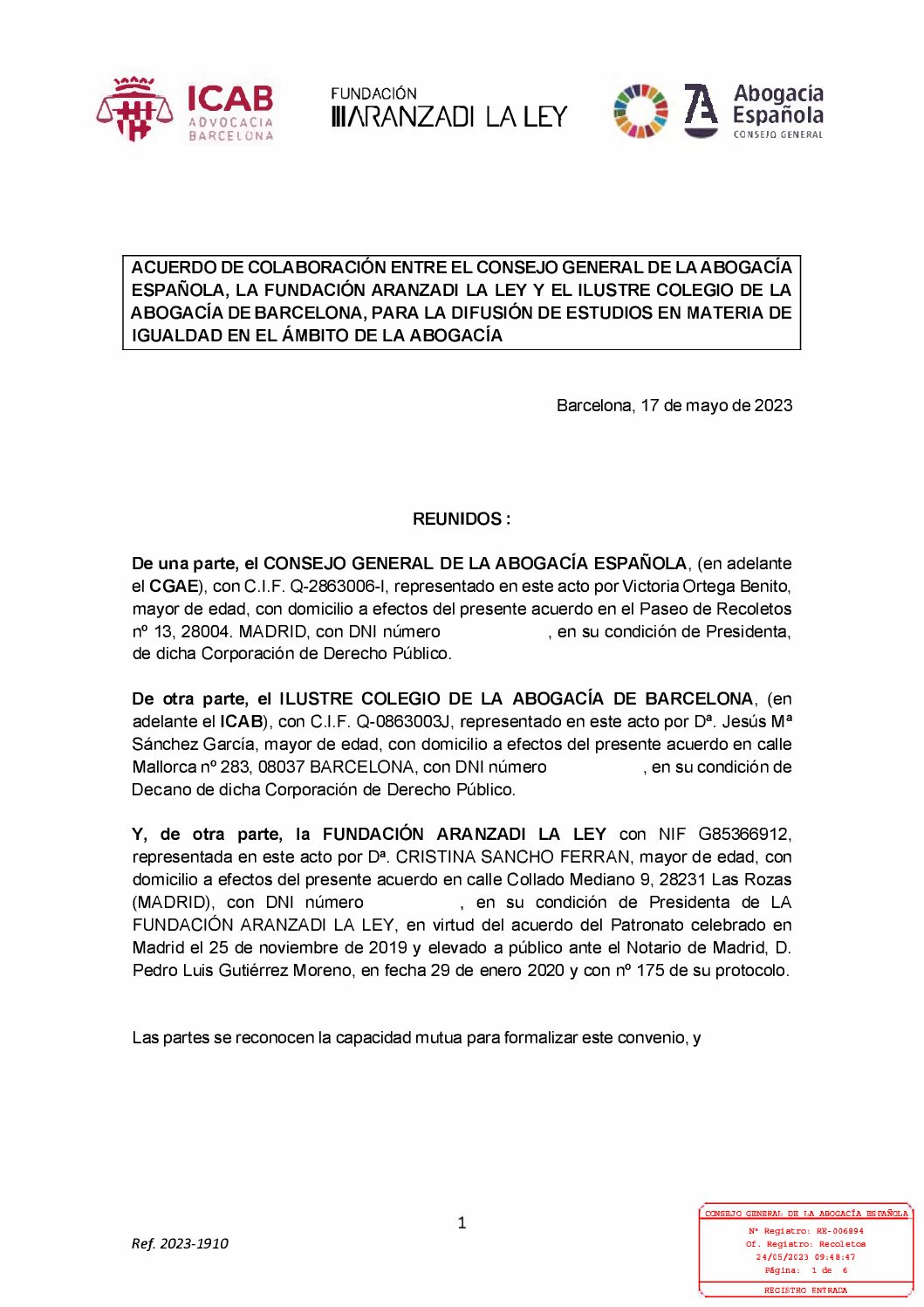 FUNDACIÓN ARANZADI LA LEY – ILUSTRE COLEGIO DE LA ABOGACÍA DE BARCELONA_RE_006894_23