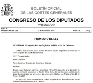 Publicado en el Boletín Oficial de las Cortes Generales el proyecto de Ley del Derecho de Defensa