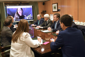 A la izda: Luis Martín Contreras, Inés María Herreros, José Antonio Montero y Juan Carlos Orga, vocales miembros de la Comisión de Asuntos Institucionales del Consejo General del Poder Judicial; Isabel de Rada, vicesecretaria general del CGPJ y Lucía Avilés, vocal del CGPJ (en la pantalla). A la dcha. Federico Fernández, adjunto a la presidencia del Consejo General de la Abogacía; Salvador González, presidente de la Abogacía Española; Ángel José Cervantes, presidente de la Comisión de Relaciones con la Administración de Justicia de la Abogacía, Jesús M. Sánchez, adjunto a la presidencia de la Abogacía y Borja Vargues, secretario general técnico de la Abogacía Española.