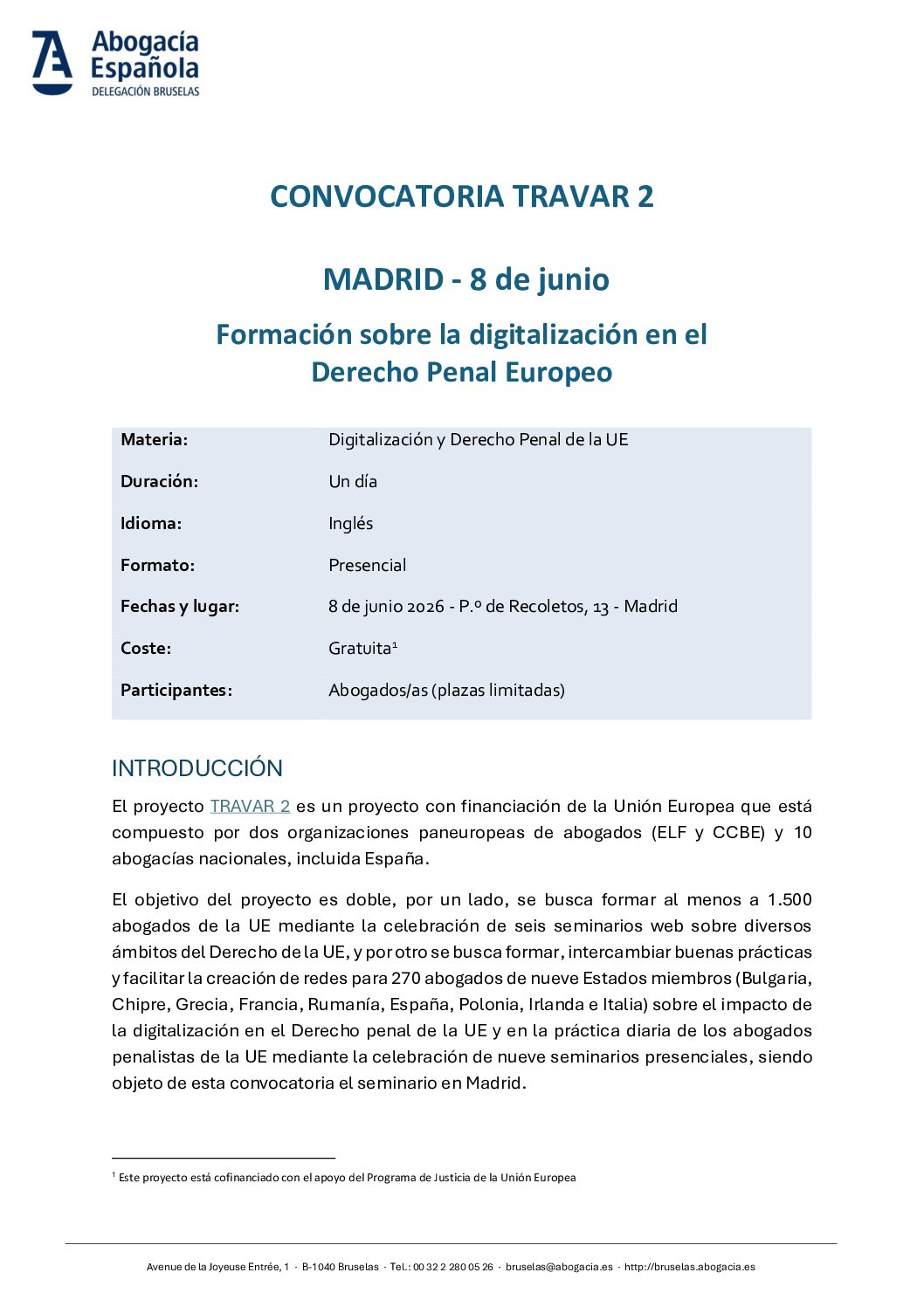 Convocatoria de TRAVAR 2 – Madrid – 8 junio