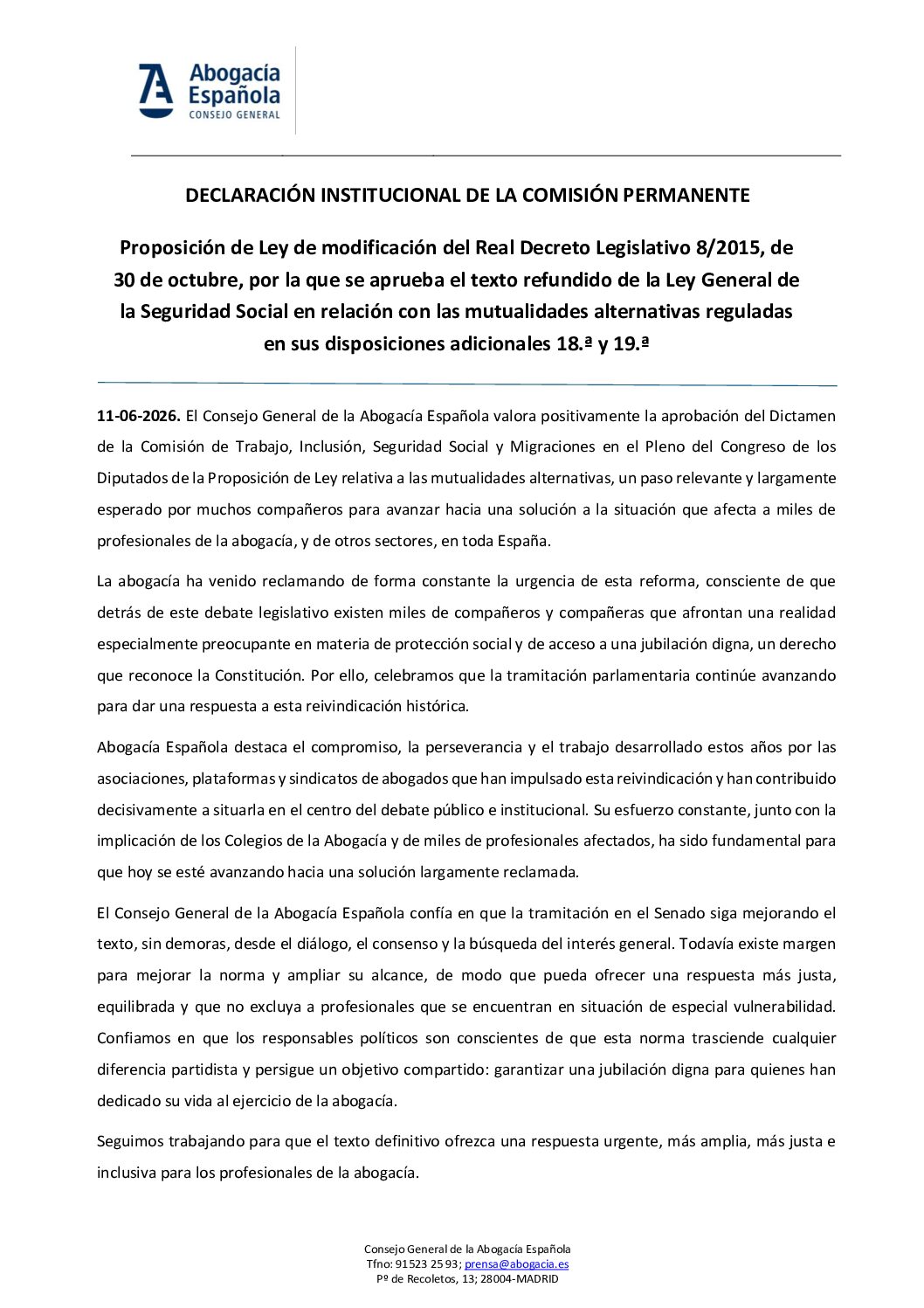 20260611 DECLARACIÓN INSTITUCIONAL DE LA COMISIÓN PERMANENTE