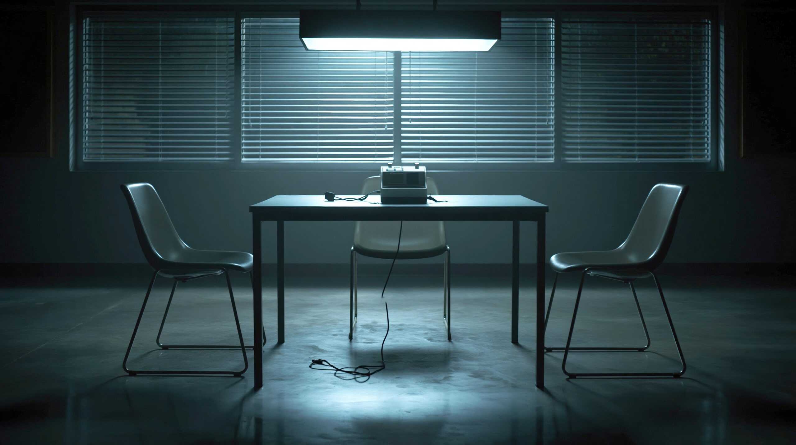 Intense interrogation room with bright overhead light casting dramatic shadows on table and chairs