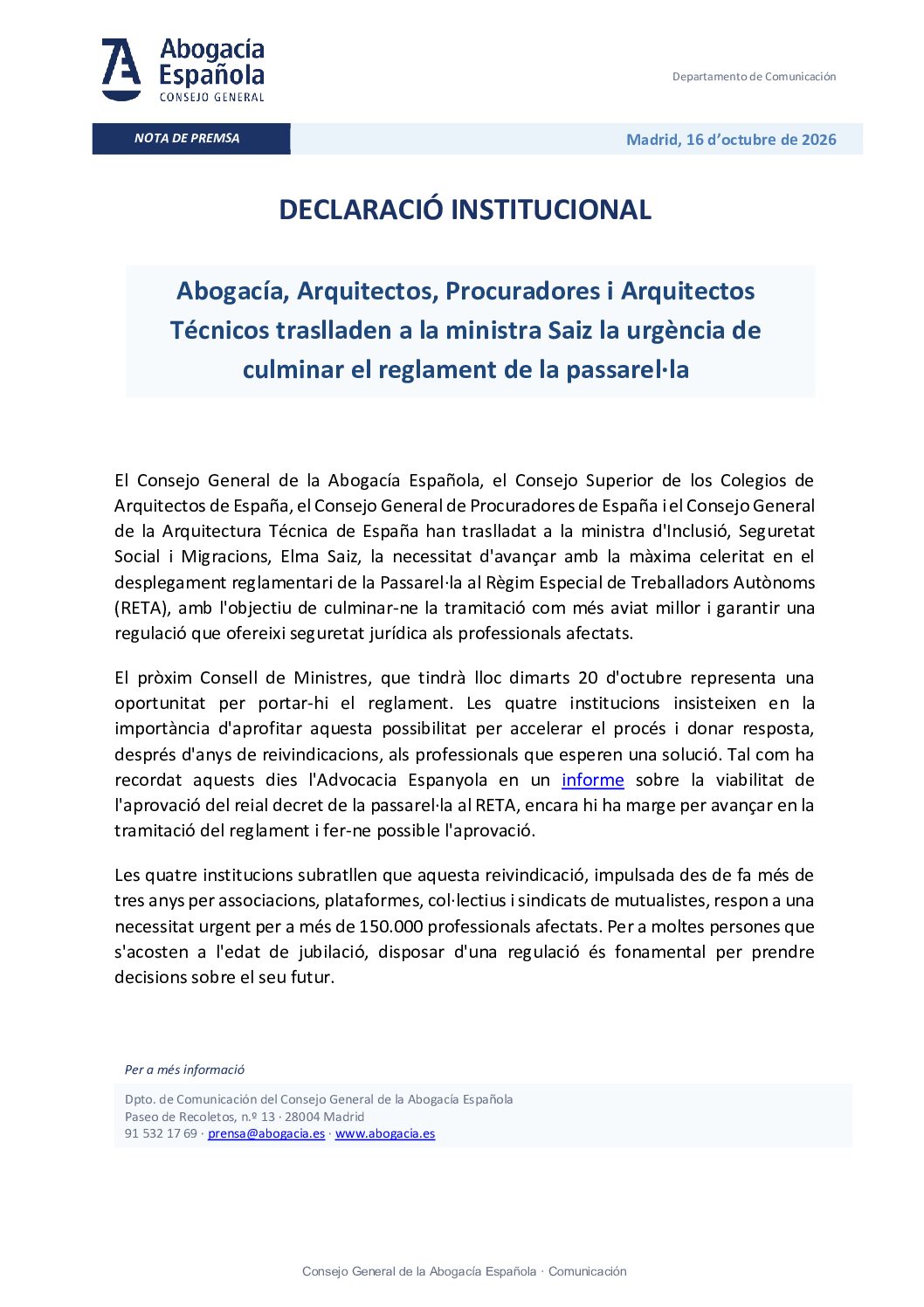 20261016 – DECLARACIÓ INSTITUCIONAL PASAREL·LA AL RETA final