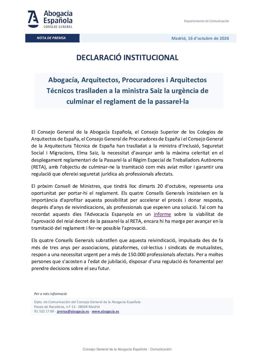 20261016 – DECLARACIÓ INSTITUCIONAL PASAREL·LA AL RETA